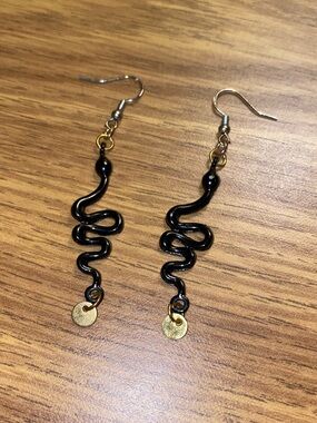 Black Snake Dangle Earrings with Gold Accent